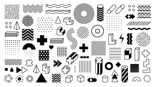 Memphis geometric shapes. Trendy graphic element. Different shape funky graphic silhouette for design. Vector isolated decorative minimalistic elements