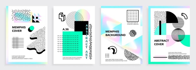 Memphis posters Abstract banners with geometric symbols dots and square and round figures Text and copy space Colorful invitation placards template Vector contemporary art set