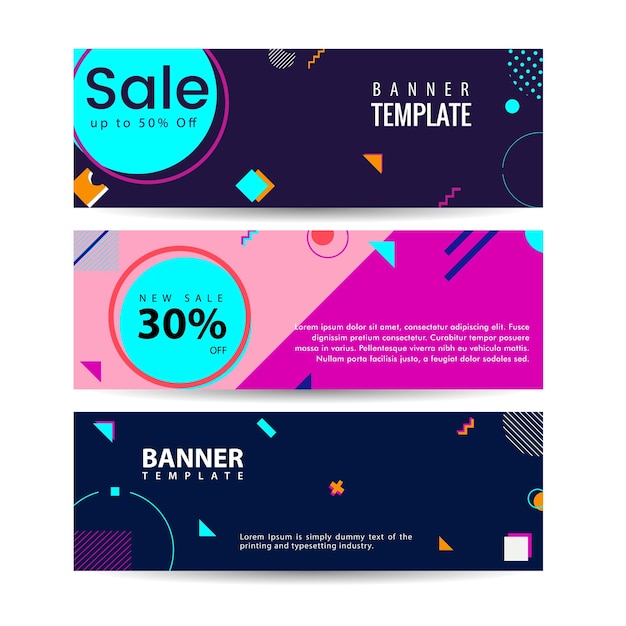 Memphis style Banner Design Set of Colorful templates with geometric shapes Perfect for Ad invitation presentation Header Page Cover Vector illustration