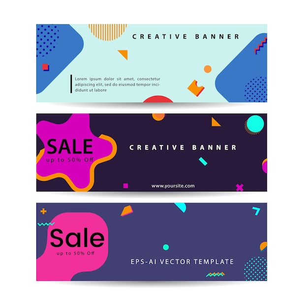 Vector memphis style banner design set of colorful templates with geometric shapes perfect for ad invitation presentation header page cover vector illustration