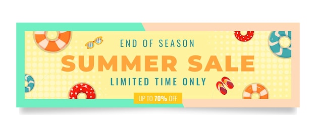 Memphis watercolor summer sale banner set template with leaf buoy and fruits