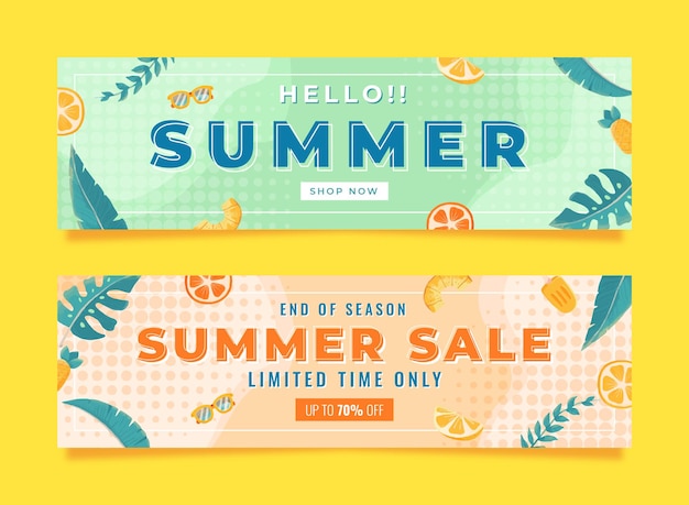 Memphis Watercolor summer sale banner set template with leaf lemon and buoy 