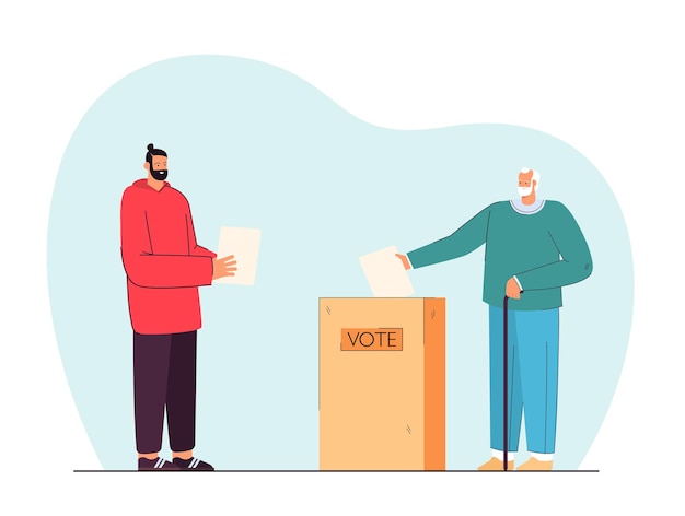 Men of all ages voting illustration. Elderly man throwing bulletin in special box