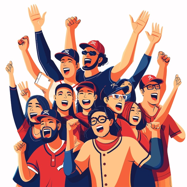 Vector men_and_women_baseball_fans_shout_and_wave_hands