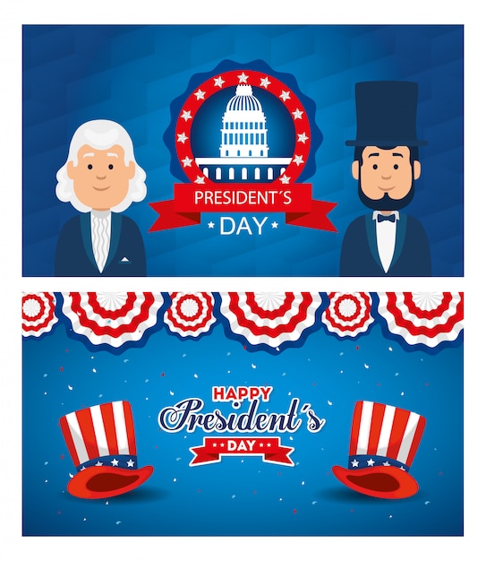 Men avatars cartoons of usa happy presidents day greeting card set