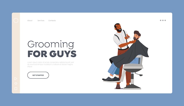 Men Beauty Salon Barbershop Landing Page Template Bearded Male Character Sit on Chair in Barber Shop with Hairdresser