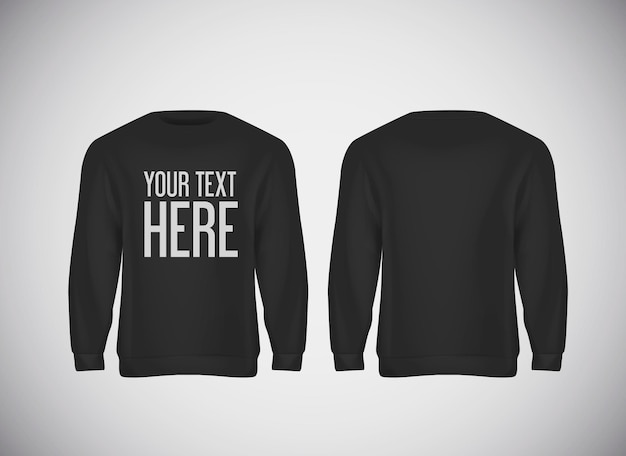 Men black hoddy. Realistic mockup with brand text for advertising. Long sleeve hoody template on background.