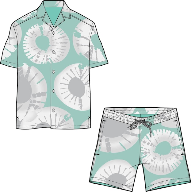 MEN AND BOYS BEACH AND RESORT WEAR TIE DYE DRESS SET SHIRT TEE AND PAJAMA SHORT VECTOR