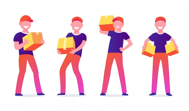 Men characters with parcels packages boxes. Courier or delivery service. Cheerful people in uniform. Flat design set