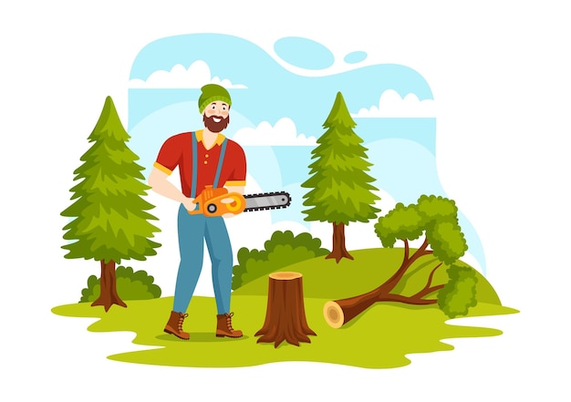 Men Chopping Wood and Cutting Tree Illustration with Lumberjack Work Equipment Machinery or chainsaw