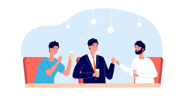 Men drinks together. Male friends sitting at desk with glasses of beer. Party in cafe, friday evening meeting in bar. Business partners dinner, friendship or partnership vector illustration