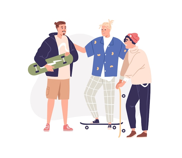 Men friends with skateboards. Modern guys buddies skateboarders with skate boards at leisure. Friendship and urban sport activity. Flat graphic vector illustration isolated on white background