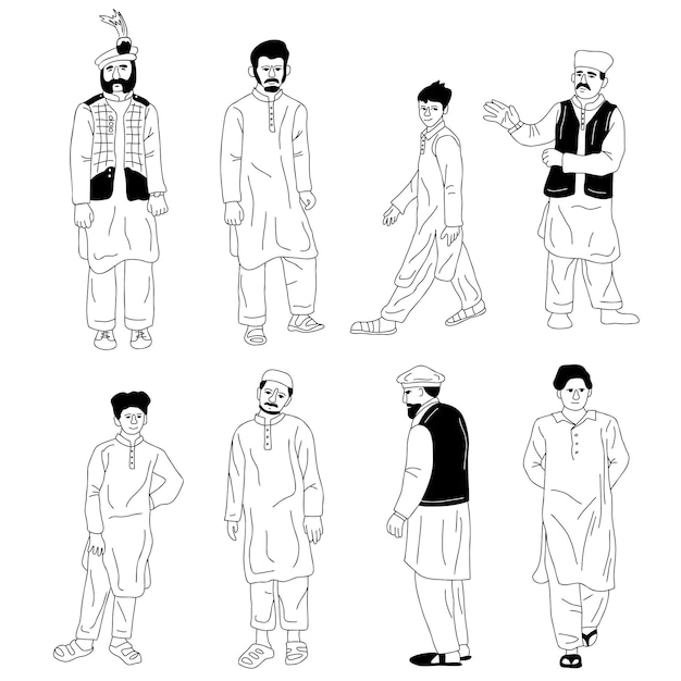 Men from Southern Asia in different poses sketch outline silhouettes set Inclusiveness and diversity design elements vector illustration