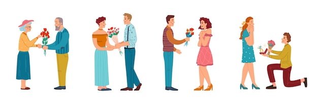 Men giving flowers to women proposal and dating