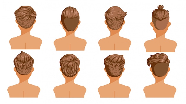 Men hair rear view. Set of men cartoon hairstyles. Collection of fashionable stylish types.