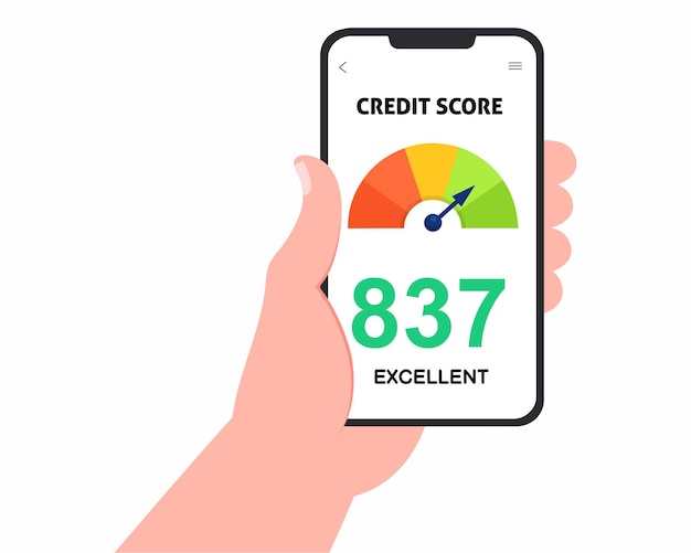 Men hands holding smartphones with credit score app on the screen Credit score concept