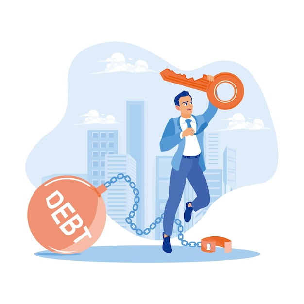 Vector men hold the key to getting out of debt happy businessman after paying off debt debtfree concept flat vector illustration