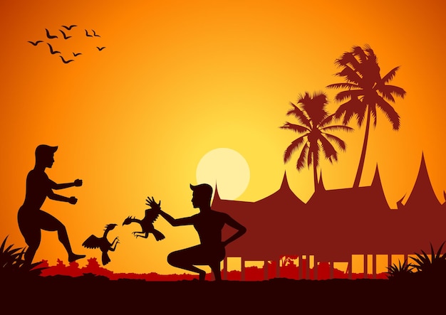 Men playing cock fighting gamble around with country rural life in silhouette stylevector illustration