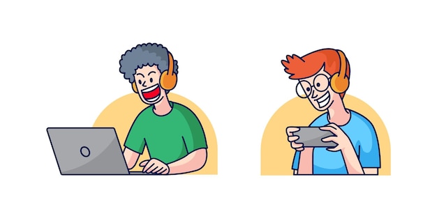 men playing game on smartphone and laptop illustration