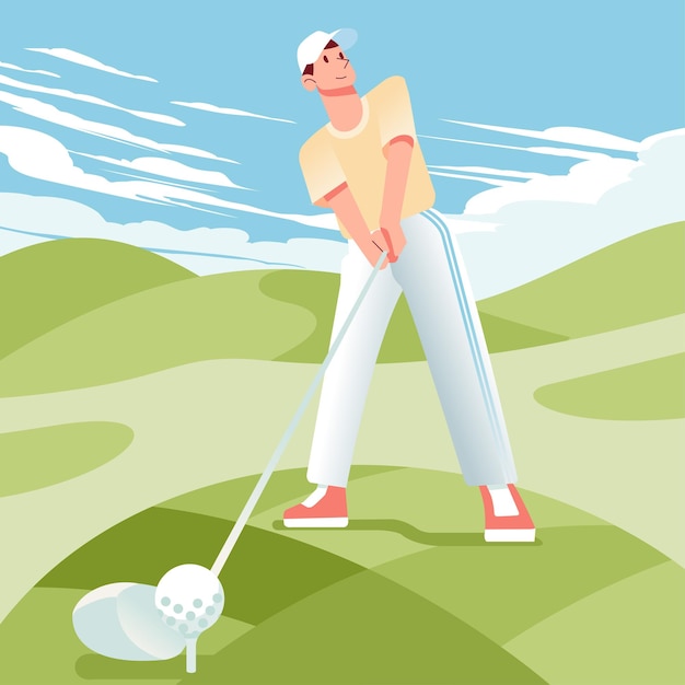 Vector men playing golf in the fields wearing casual suit and hat get ready to hit the ball illustration