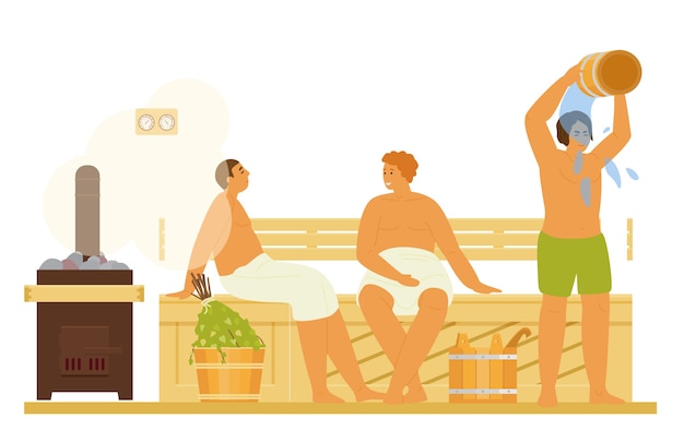 Men Relaxing, Taking Steam Bath, Drenching With Water In Sauna Or Banya. Healthy Activity. Flat Illustration.