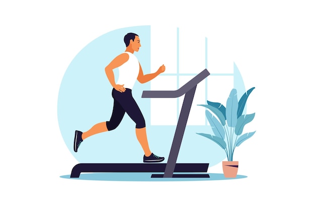 Men running on a treadmill at home. Healthy lifestyle concept. Sport training. Fitness.