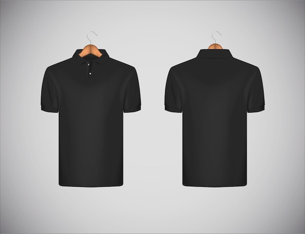 Men's slimfitting short sleeve polo shirt Black polo shirt in wooden hanger mockup design template for branding