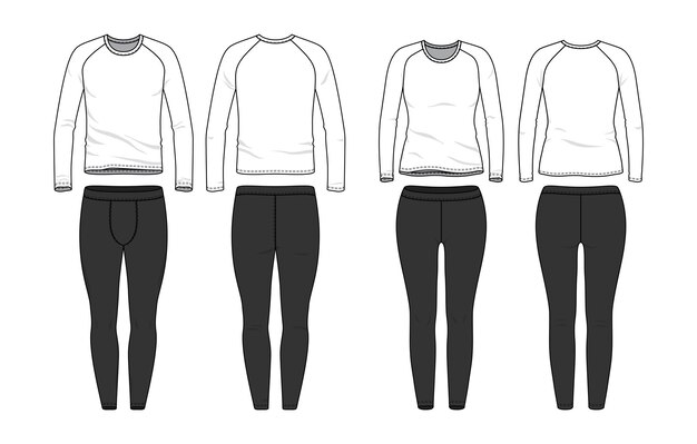 Men's and women's blank clothing templates of raglan longsleeved top and leggings