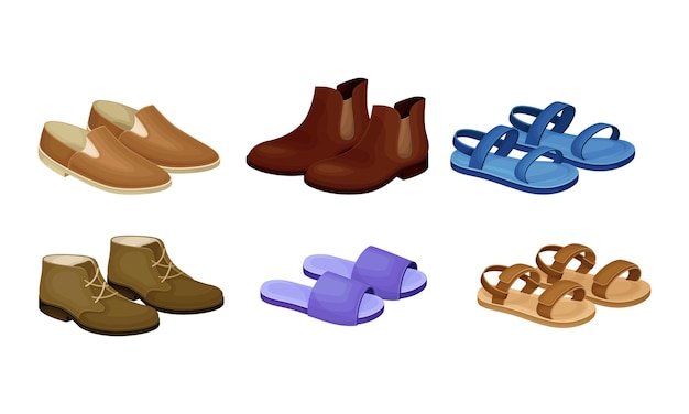 Men shoes and sandals made of leather and textile vector set