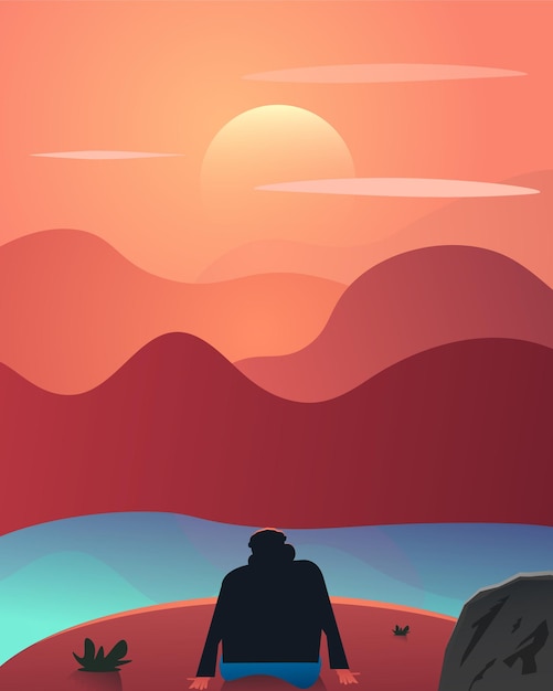 men sitting watching sunset illustration