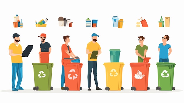 Men Sorting Garbage near Colorful Containers for Recycling