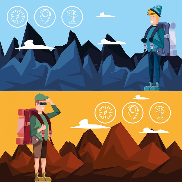 Men tourists with bag camping and set icons