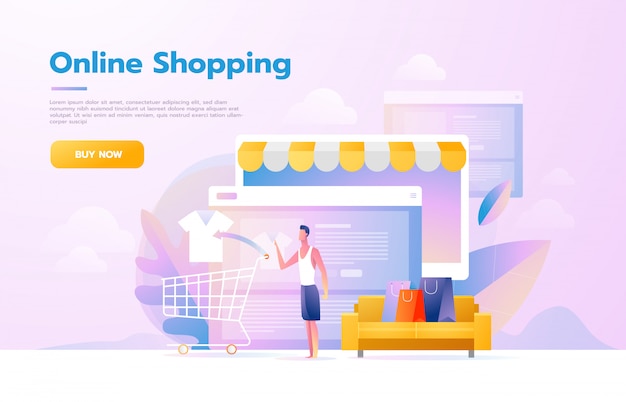 Men using mobile shopping. People walking in the store that looks like a tablet computer. Online shopping concept. Vector flat design illustration.