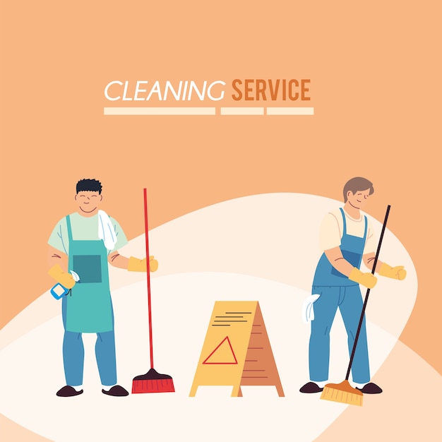 Men with apron and brooms for cleaning service illustration desing