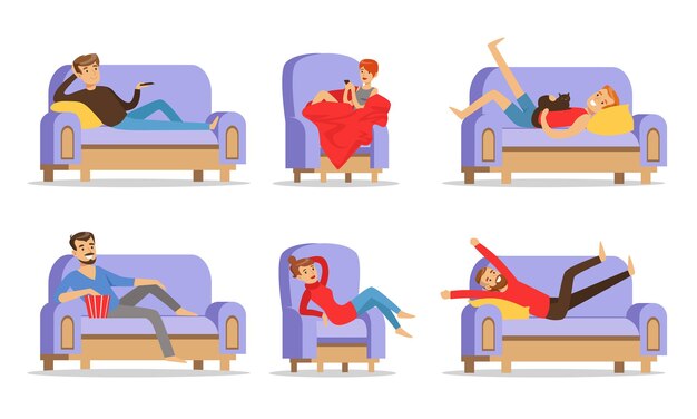 Men and women are resting on blue sofas Vector illustration