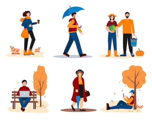 Vector men and women in bright clothes walking in park working outdoor or harvesting in autumn