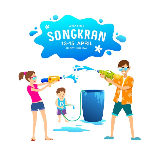 Men women and children playing water guns on Happy Songkran Day Thailand vector illustration