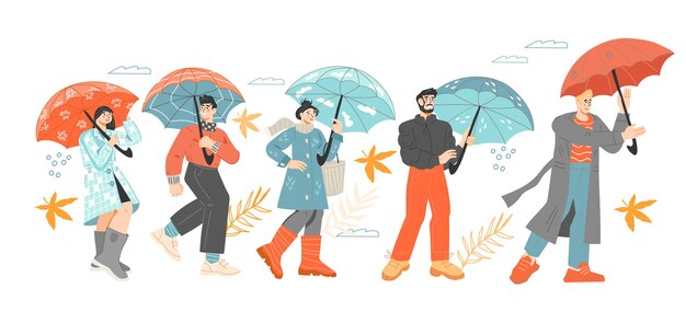 Men and women group walking on autumn day under umbrellas flat vector illustration isolated