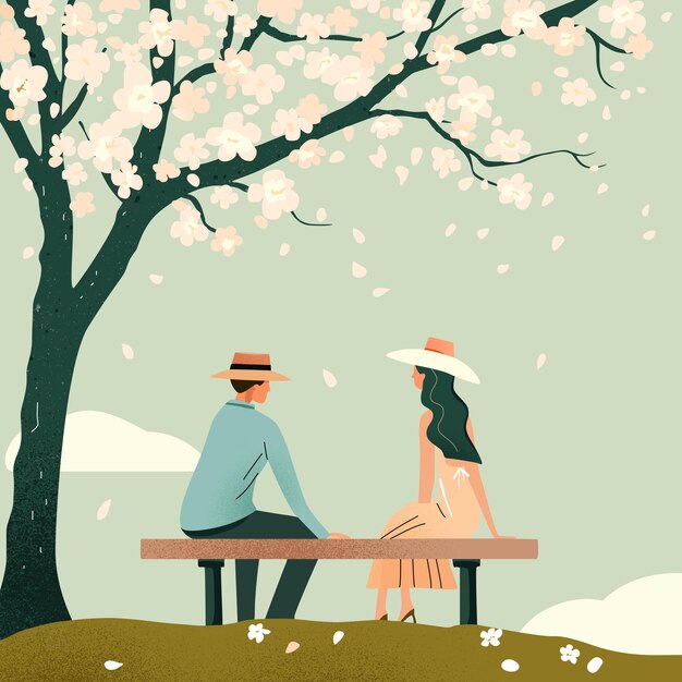 Vector men and women in love sit under cherry blossom trees in spring watching the scenery and chatting