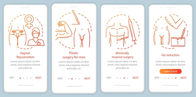 Men and women plastic surgery onboarding mobile app page screen vector template Fat reduction Walkthrough website steps with linear illustrations UX UI GUI smartphone interface concept