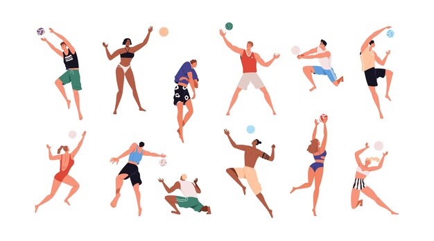 Vector men, women playing summer beach volleyball set. volley ball players in action during active sport game. people in bikini at beachvolley. flat graphic vector illustrations isolated on white background.