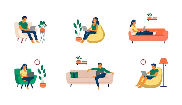 Men and women sitting on the sofa and chair  with laptops. Big set. Vector flat illustration