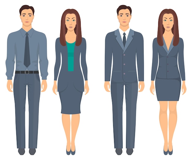 Vector men and women standing in full growth in formal clothes couples in elegant and casual clothes