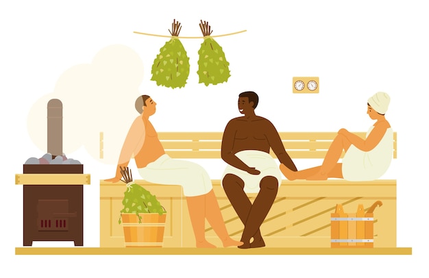 Men And Women In Towels In Sauna Or Banya With Steam Relaxing. Bathhouse Interior Wooden Bench, Birch Brooms, Stove With Firewood, Buckets, Thermometer, Eseential Oils. Flat   Illustration.