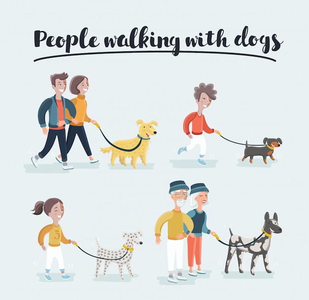 Men and women walking the dogs of different breeds, active people, leisure time. Man with Golden retriever and woman with dalmatian dog breeds. Set of  illustration