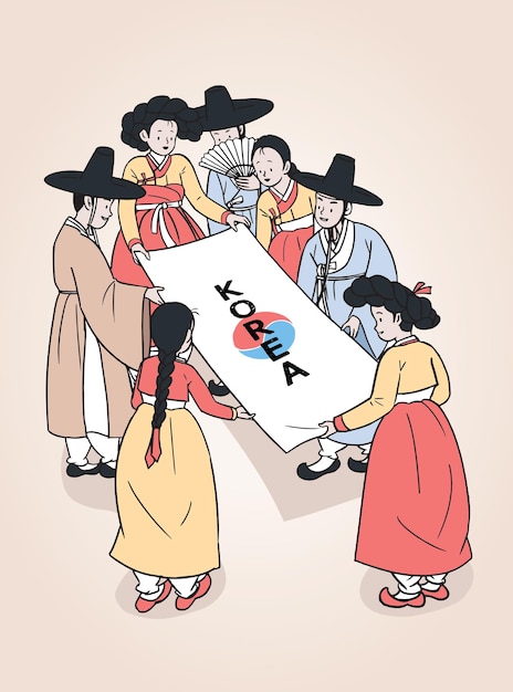 Men and women wearing Korean traditional clothes, Hanbok. People holding paper.