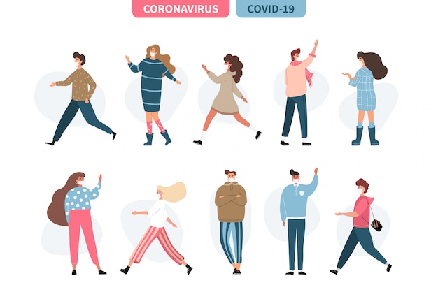 Men and women wearing protection from virus. Group of people with medical masks to prevent disease, flu, air pollution, contaminated air, world pollution.   illustration in a flat style