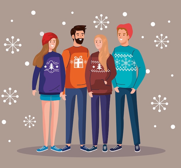 men and women with merry christmas sweaters design, winter season and decoration theme illustration