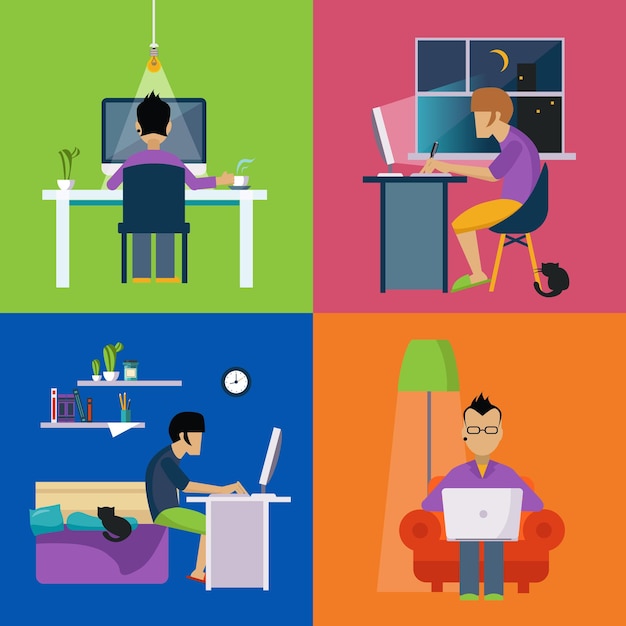 Men Working Freelance Illustration Set