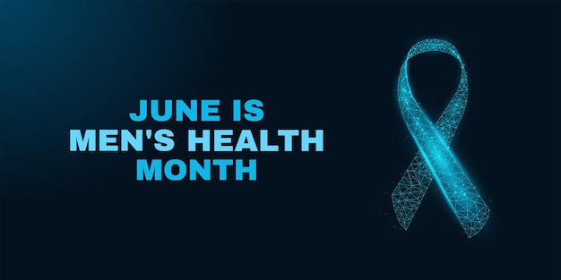 Mens health month concept Banner template with glowing low poly blue ribbon Vector illustration